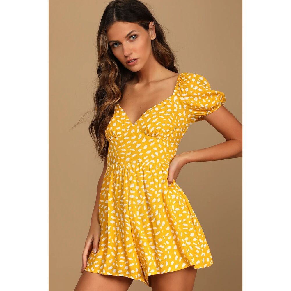 Hey Sunny Yellow Dotted Short Sleeve Romper, size M